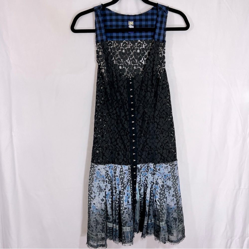 Free people lace mixed hook loop eyelet black and blue layer dress size 6
